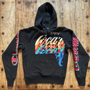 CocaCola Graphic Hooded SWEATSHIRT BLACK CHAMPION REVERSE WEAVE Size SMALL EUC